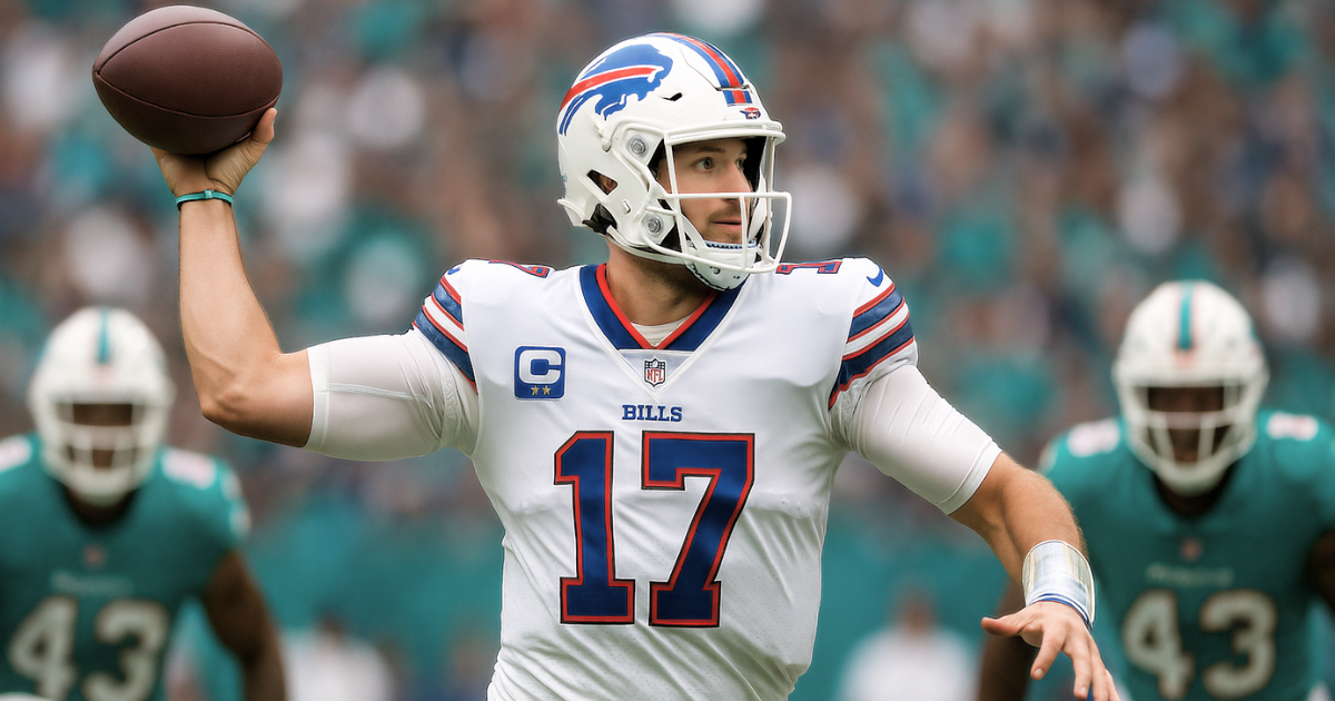 Josh Allen throwing a pass during Bills vs Dolphins match player stats game.
