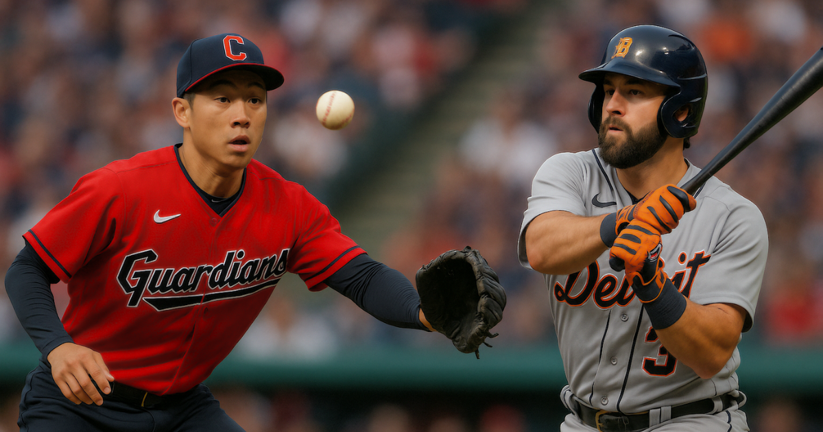 Cleveland Guardians outfielder Steven Kwan and Detroit Tigers batter Kerry Carpenter face off during a high-intensity MLB game.