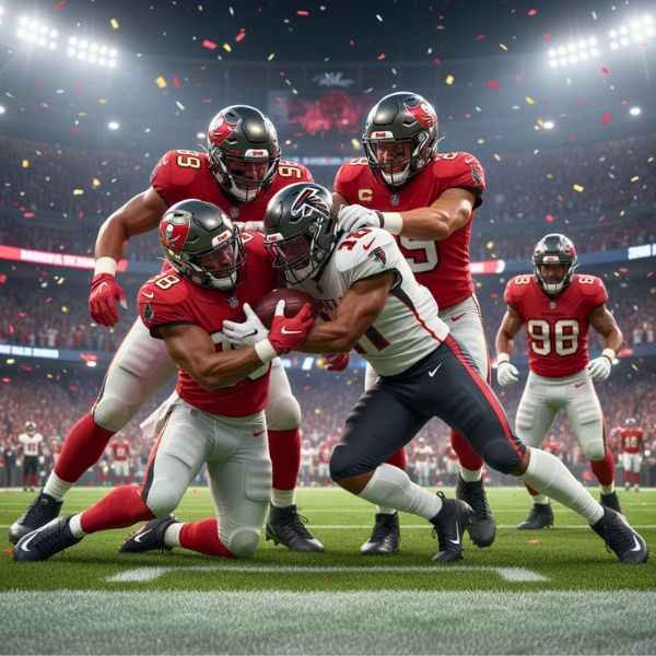 Tampa Bay Buccaneers defenders in red jerseys make a crucial stop against Atlanta Falcons player in white jersey.