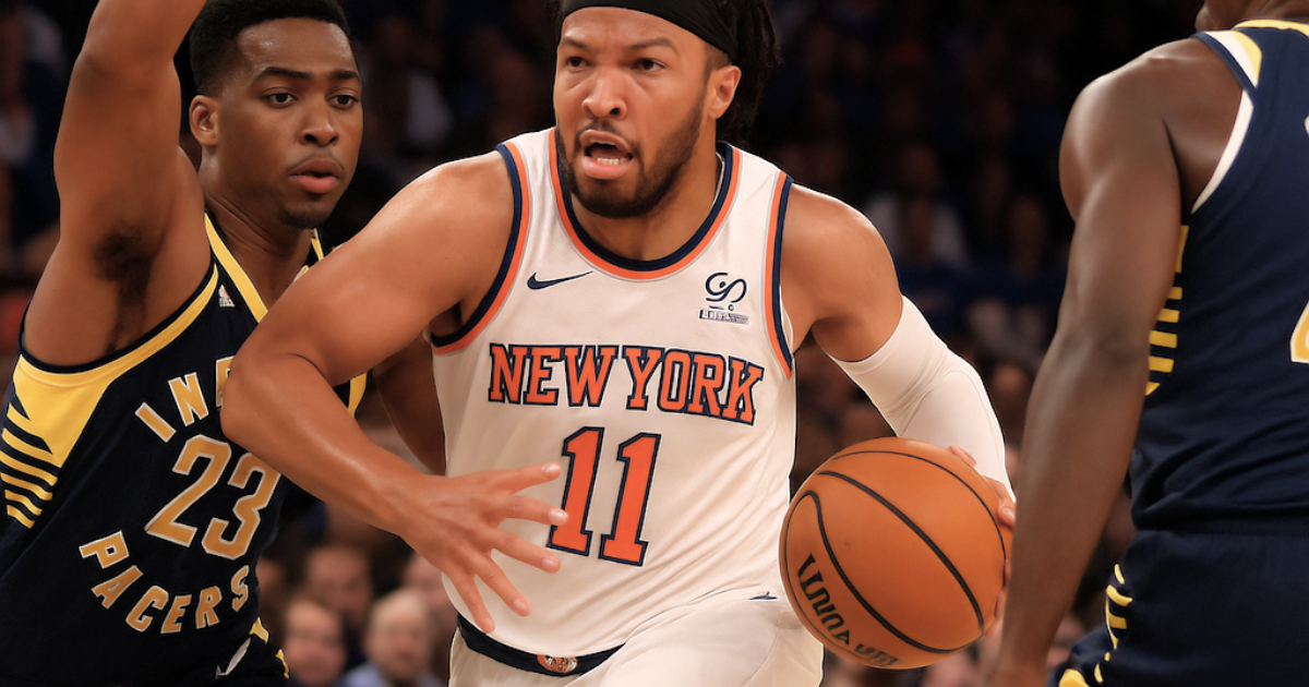 Jalen Brunson drives to the basket in Knicks vs Pacers match player stats Game 5
