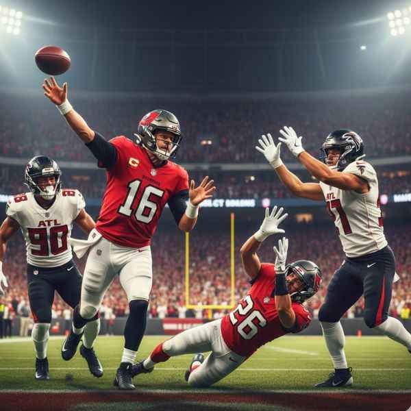 Tampa Bay Buccaneers quarterback in red jersey throws a pass to a receiver against Atlanta Falcons in white jerseys during 2025 game.