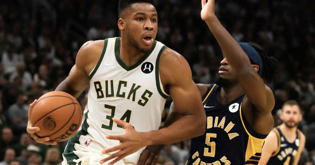 Giannis Antetokounmpo driving to the basket in Bucks vs Pacers match player stats highlight