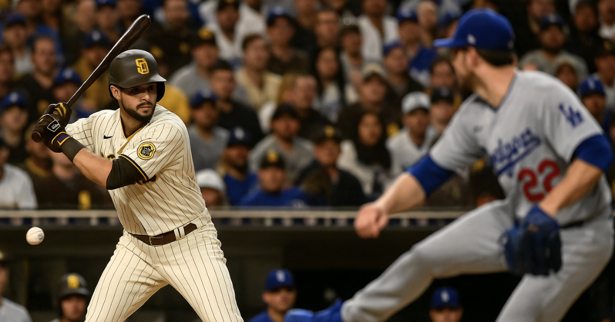 Padres vs Dodgers Match Player Stats action with batter and pitcher mid-play