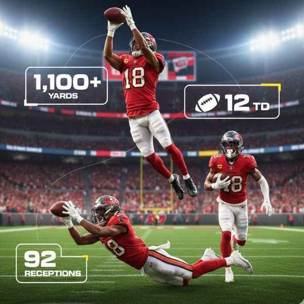 Tampa Bay Buccaneers receivers in red jerseys catching passes with visual stats overlay for yards and touchdowns.