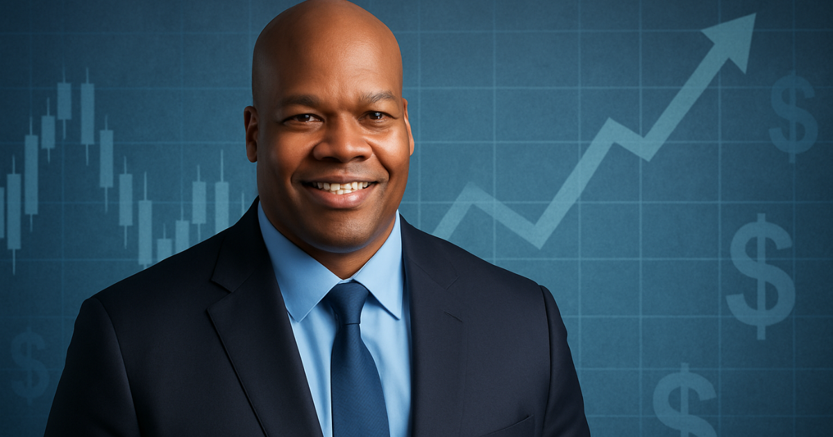 Frank Thomas standing wearing suit, financial background