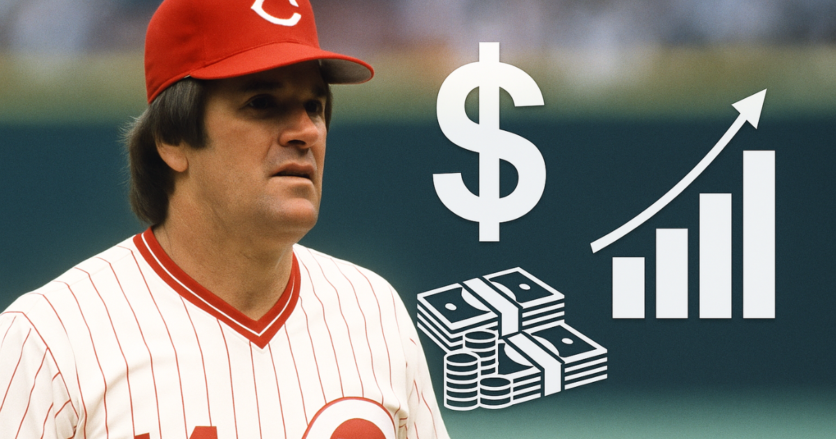 Pete Rose with financial graphics showing net worth.