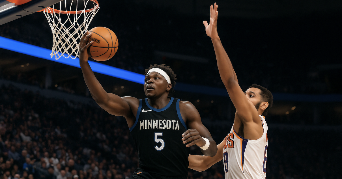 Anthony Edwards driving to the basket in the Suns vs Timberwolves match player stats game.